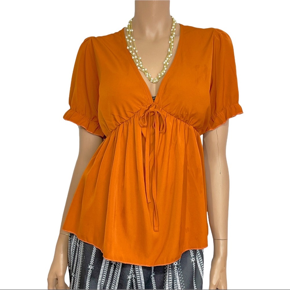 Shein Curve Plus Surplice Neck Puff Sleeve Peplum Top Rust Sexy V Neck